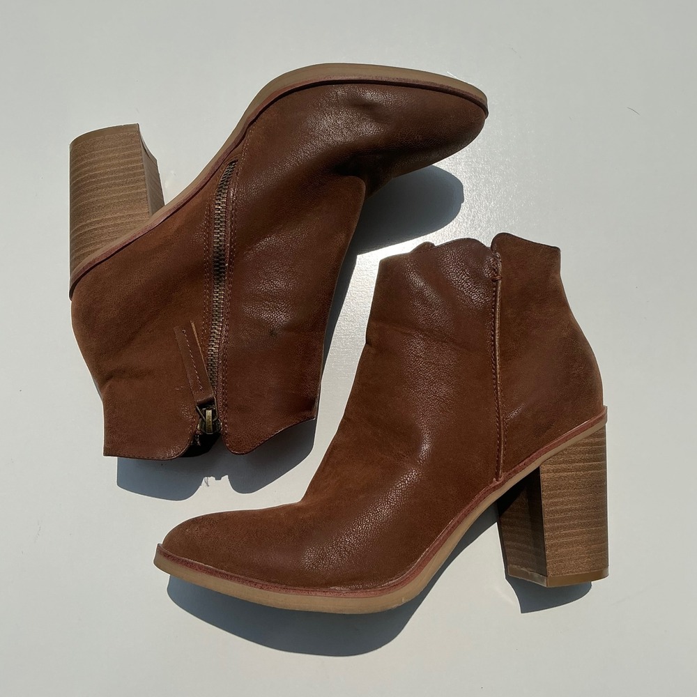 MIA Womens Cognac Brown Faux Leather Block Heel Ankle Boots Size 7.5 - Picture 1 of 10